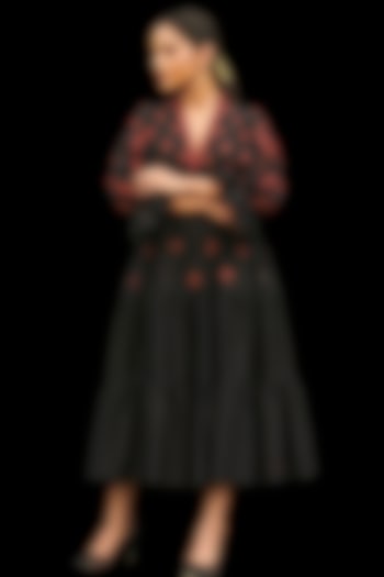 Black Embroidered Smocked Midi Vacation Dress by Chandrima at Pernia's Pop Up Shop