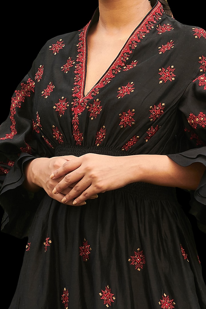 Black Embroidered Smocked Midi Vacation Dress by Chandrima at Pernia's Pop Up Shop