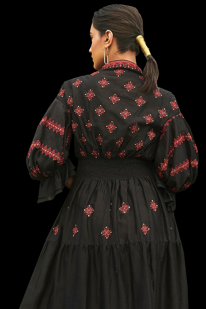 Black Embroidered Smocked Midi Vacation Dress by Chandrima at Pernia's Pop Up Shop