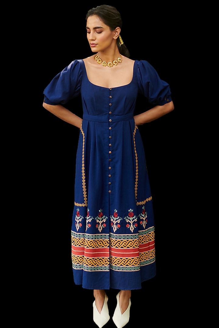 Cobalt Blue Embroidered Midi Vacation Dress by Chandrima at Pernia's Pop Up Shop