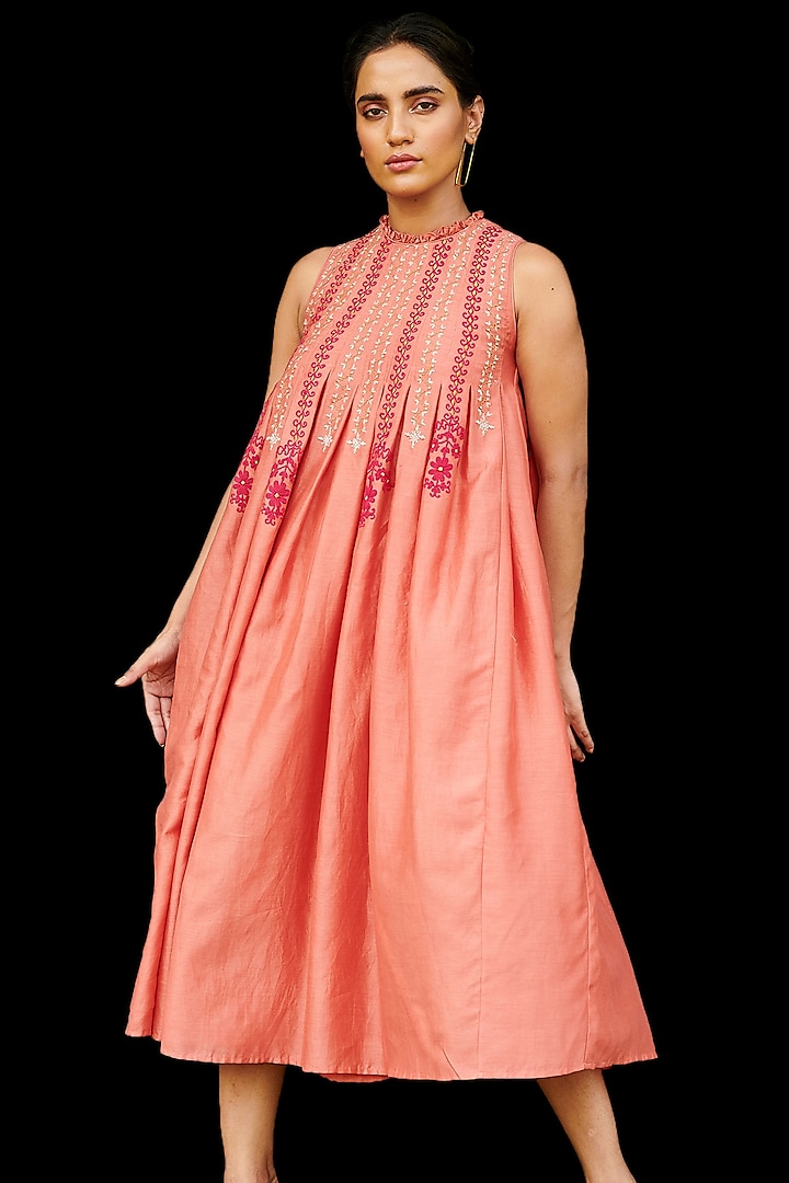 Coral Pleated Midi Dress by Chandrima