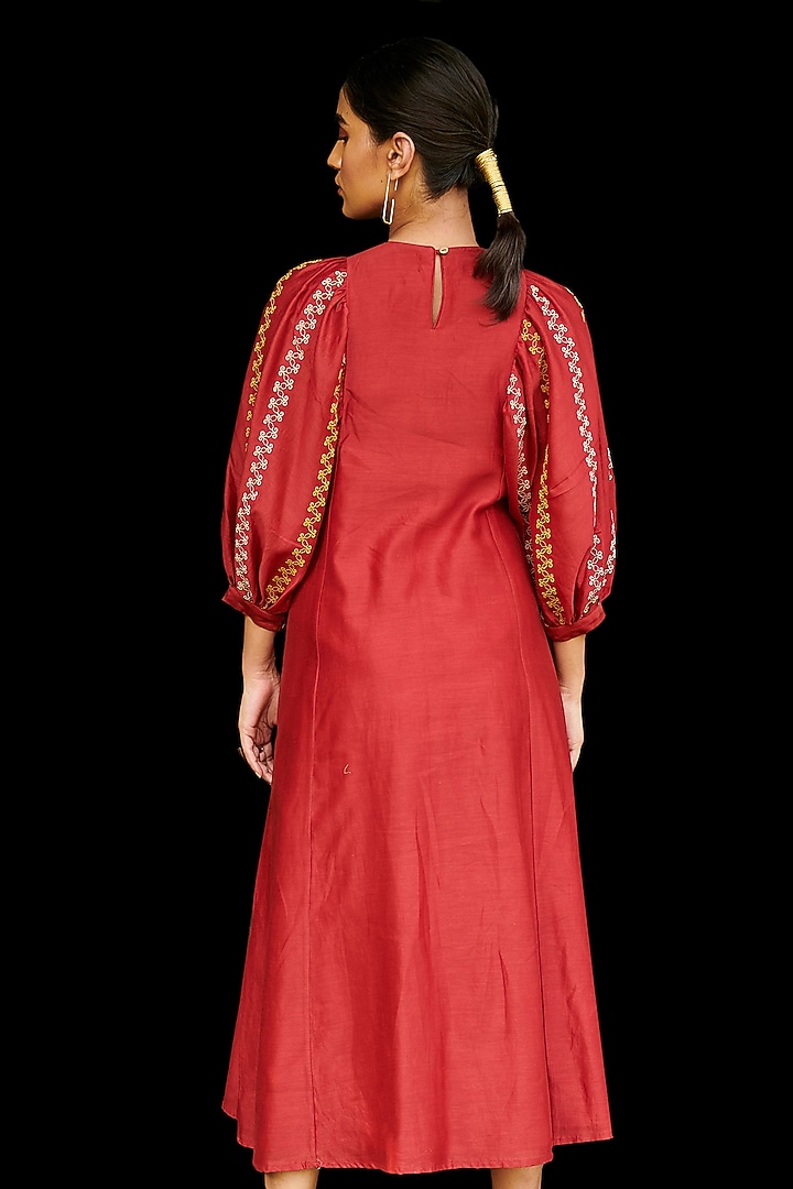 Red Embroidered Midi Vacation Dress by Chandrima at Pernia's Pop Up Shop