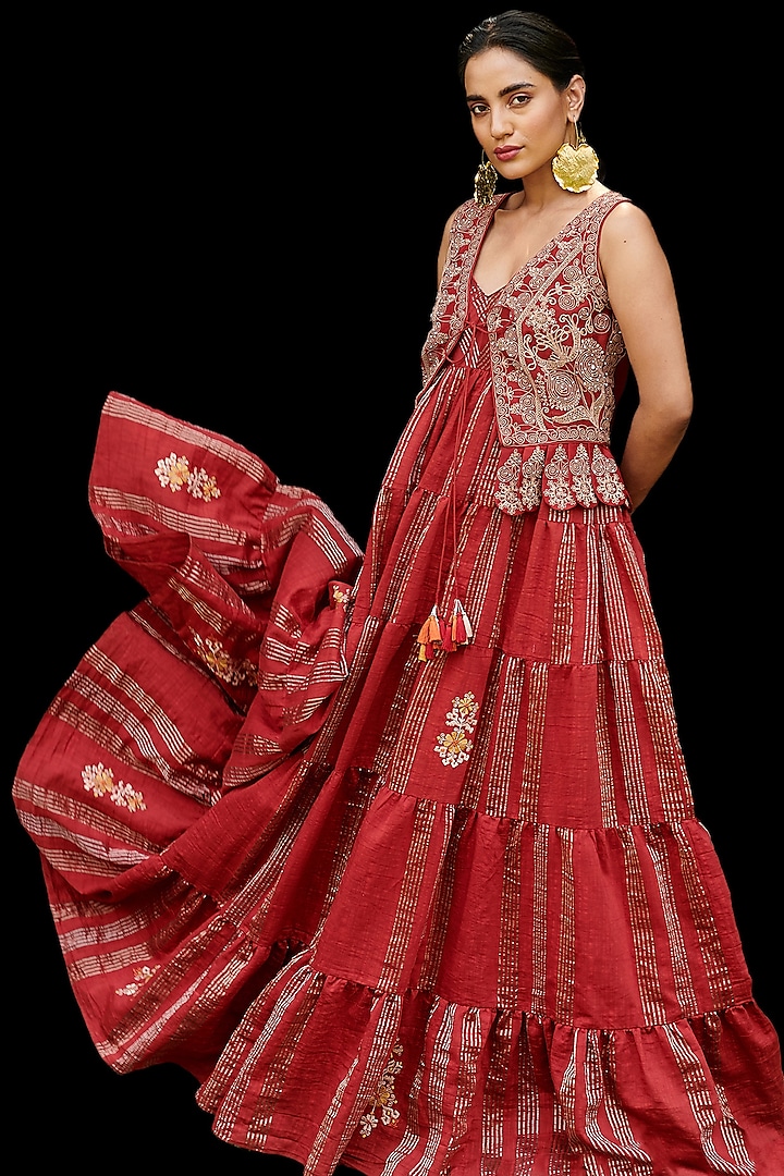 Red Embroidered Maxi Dress by Chandrima
