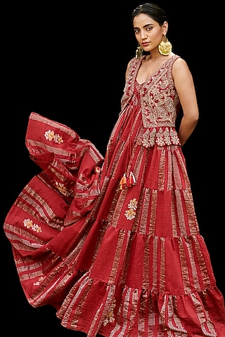 Red Embroidered Maxi Dress by Chandrima