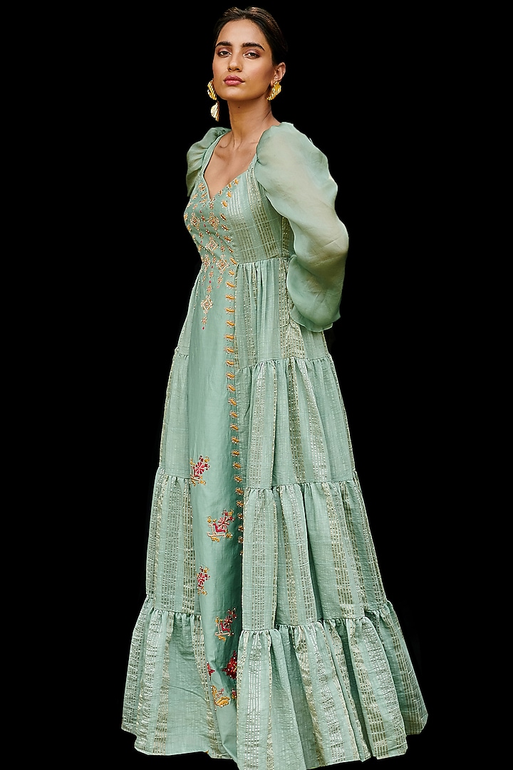 Jade Green Embroidered Maxi Cocktail Dress by Chandrima at Pernia's Pop Up Shop