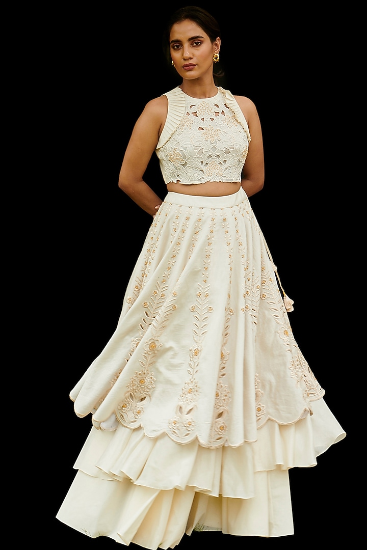 Ivory Embroidered Wedding Lehenga by Chandrima at Pernia's Pop Up Shop