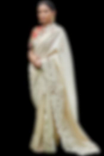 Ivory Embroidered Saree by Chandrima at Pernia's Pop Up Shop