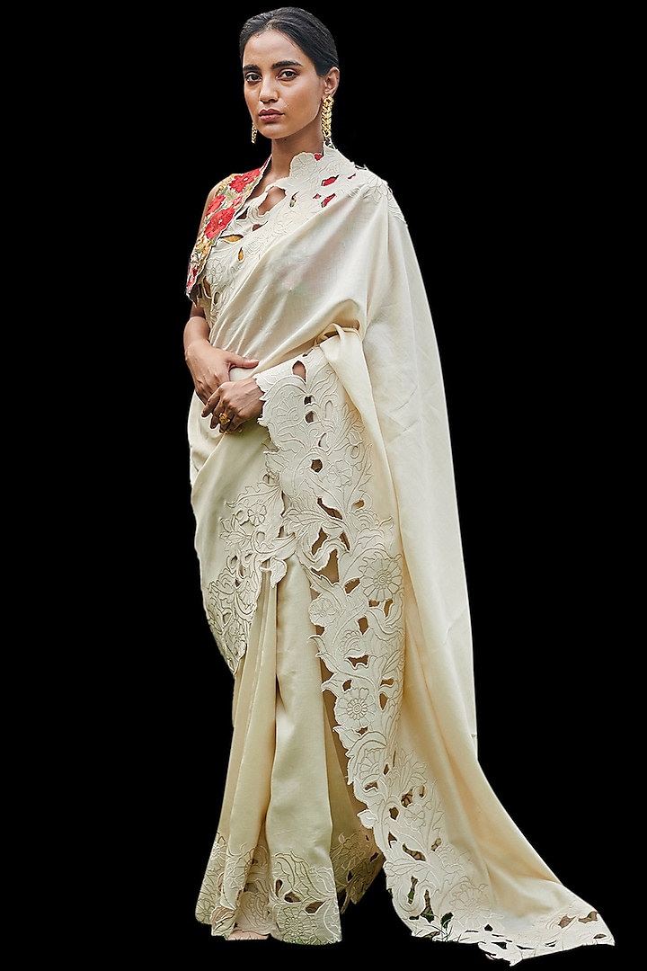 Ivory Embroidered Saree by Chandrima