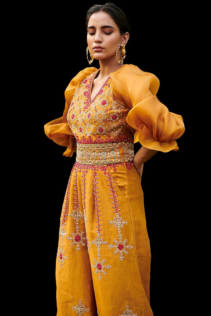 Mustard Embroidered Jumpsuit by Chandrima at Pernia's Pop Up Shop