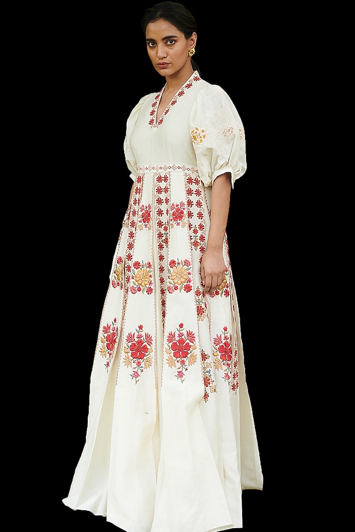 Ivory Embroidered Maxi Party Wear Dress by Chandrima at Pernia's Pop Up Shop