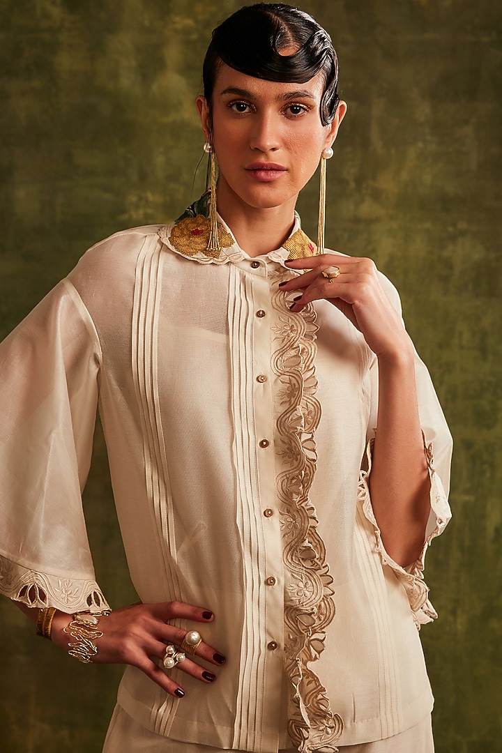 Ivory Chanderi Ruffled Shirt by Chandrima at Pernia's Pop Up Shop