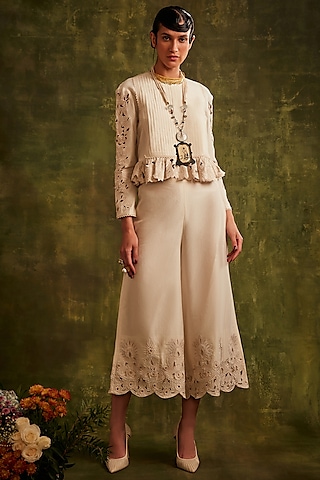 Ivory Chanderi Culottes Pants by Chandrima