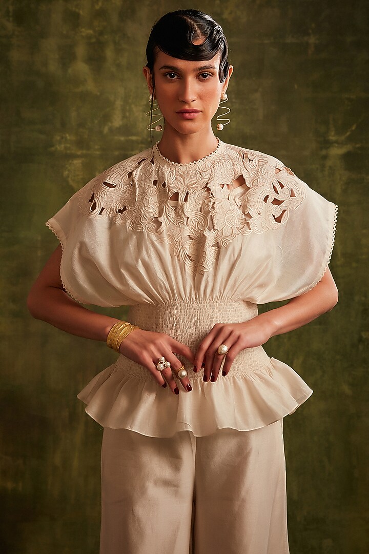Ivory Chanderi Smocked Waist Top by Chandrima at Pernia's Pop Up Shop