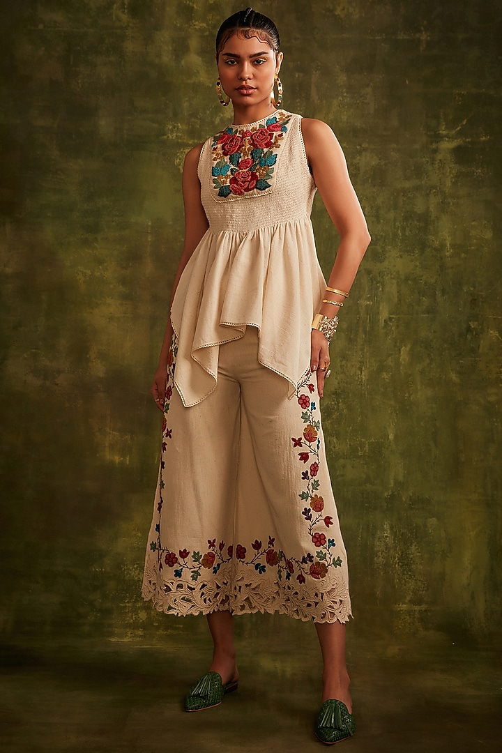 Ivory Kala Cotton Embroidered Smocked Top by Chandrima at Pernia's Pop Up Shop
