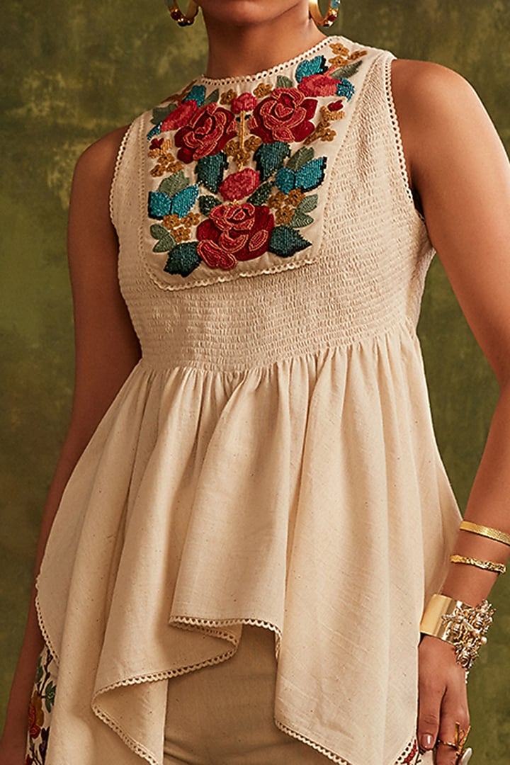 Ivory Kala Cotton Embroidered Smocked Top by Chandrima at Pernia's Pop Up Shop