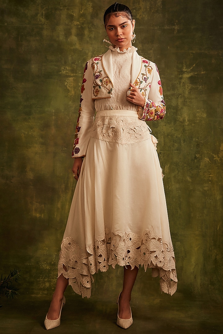 Ivory Chanderi Short Bolero Jacket by Chandrima at Pernia's Pop Up Shop