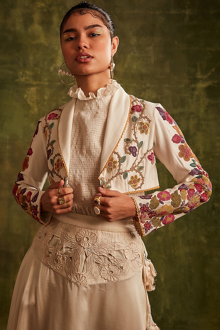 Ivory Chanderi Short Bolero Jacket by Chandrima at Pernia's Pop Up Shop