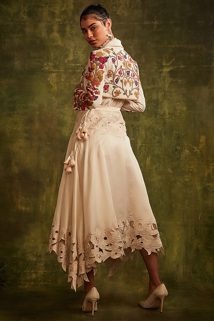 Ivory Chanderi Asymmetrical Skirt by Chandrima at Pernia's Pop Up Shop