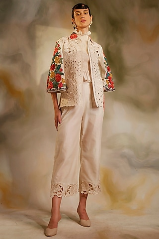 Ivory Chanderi Embroidered Jacket by Chandrima