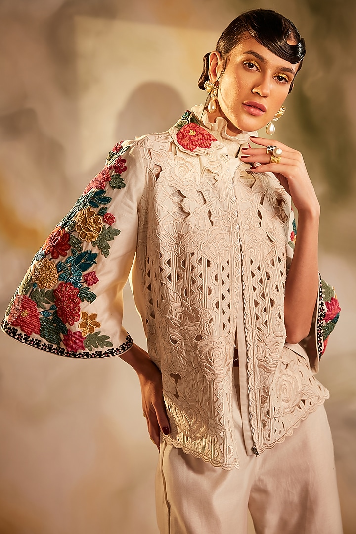 Ivory Chanderi Embroidered Jacket by Chandrima at Pernia's Pop Up Shop