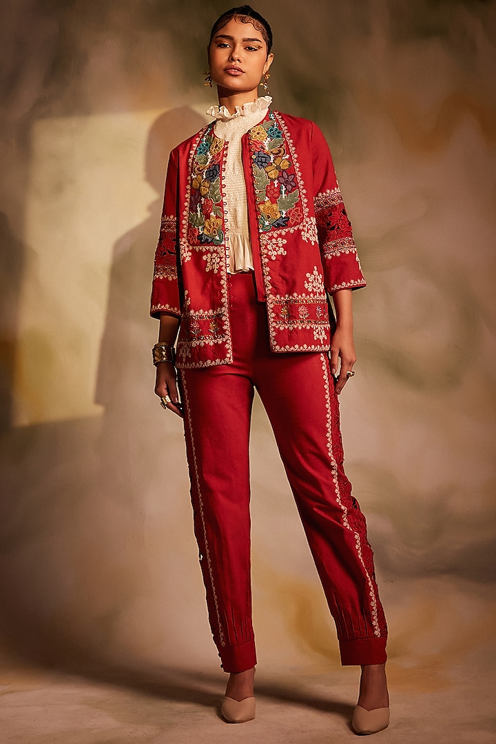 Red Kala Cotton Embroidered Jacket by Chandrima