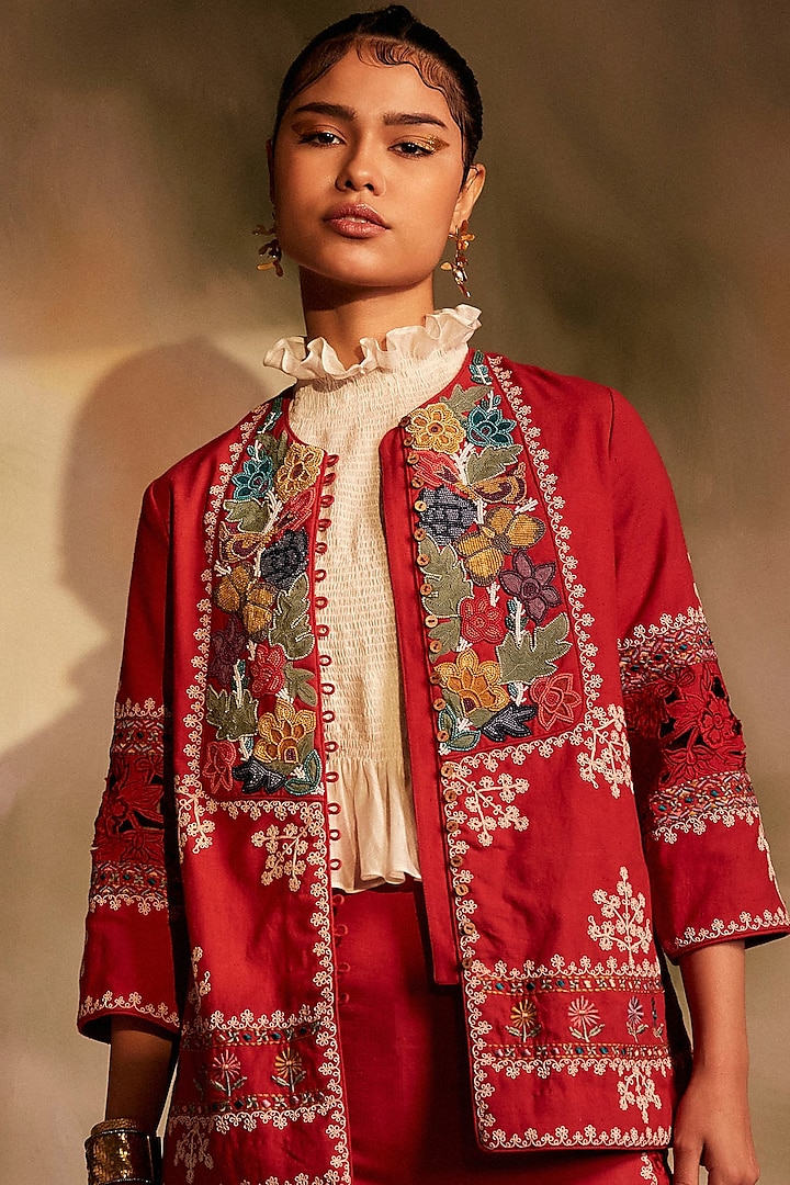Red Kala Cotton Embroidered Jacket by Chandrima at Pernia's Pop Up Shop