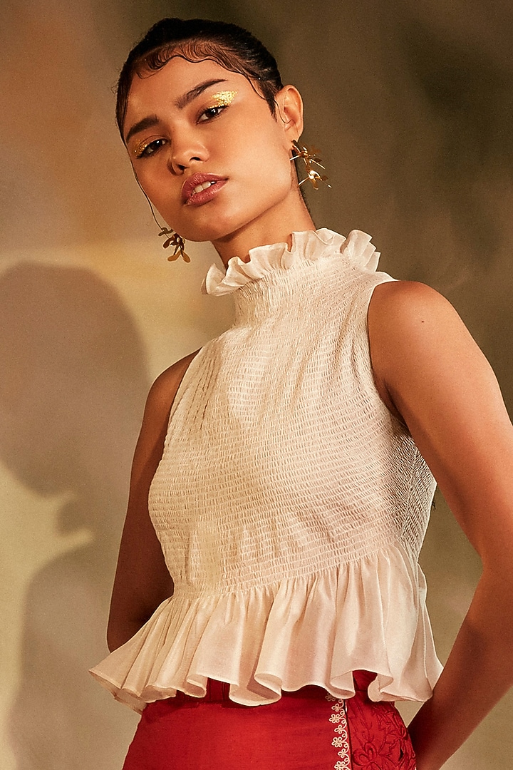 Ivory Chanderi Smocked Top by Chandrima at Pernia's Pop Up Shop
