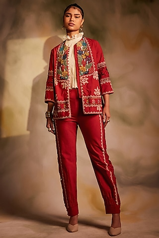 Red Kala Cotton Embroidered Pants by Chandrima