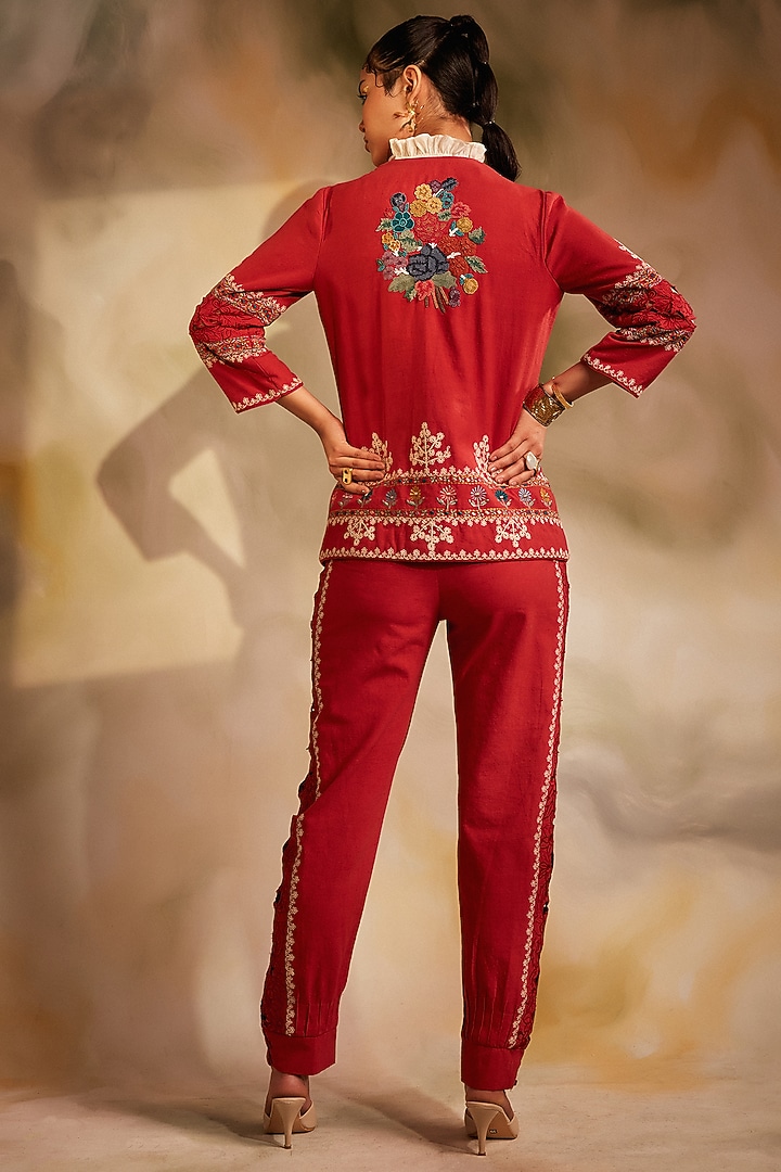 Red Kala Cotton Embroidered Pants by Chandrima at Pernia's Pop Up Shop