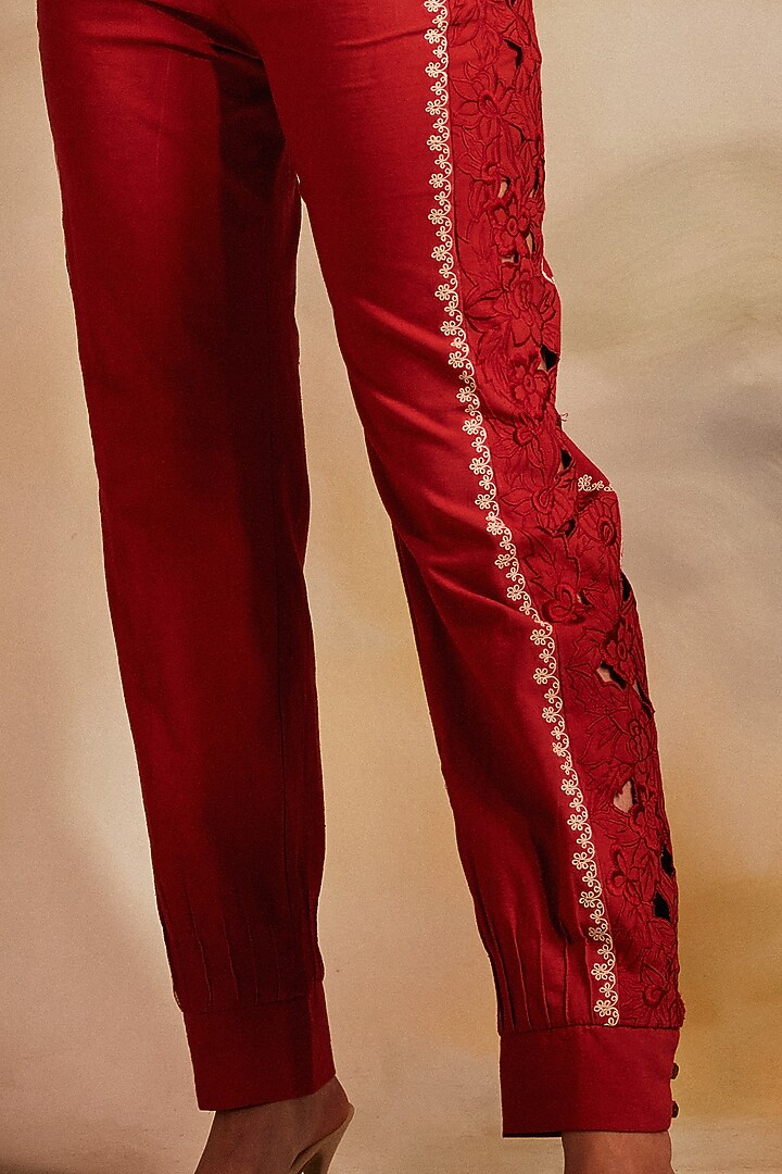 Red Kala Cotton Embroidered Pants by Chandrima at Pernia's Pop Up Shop