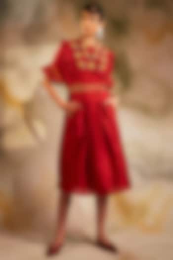 Red Chanderi Smocked Dress by Chandrima
