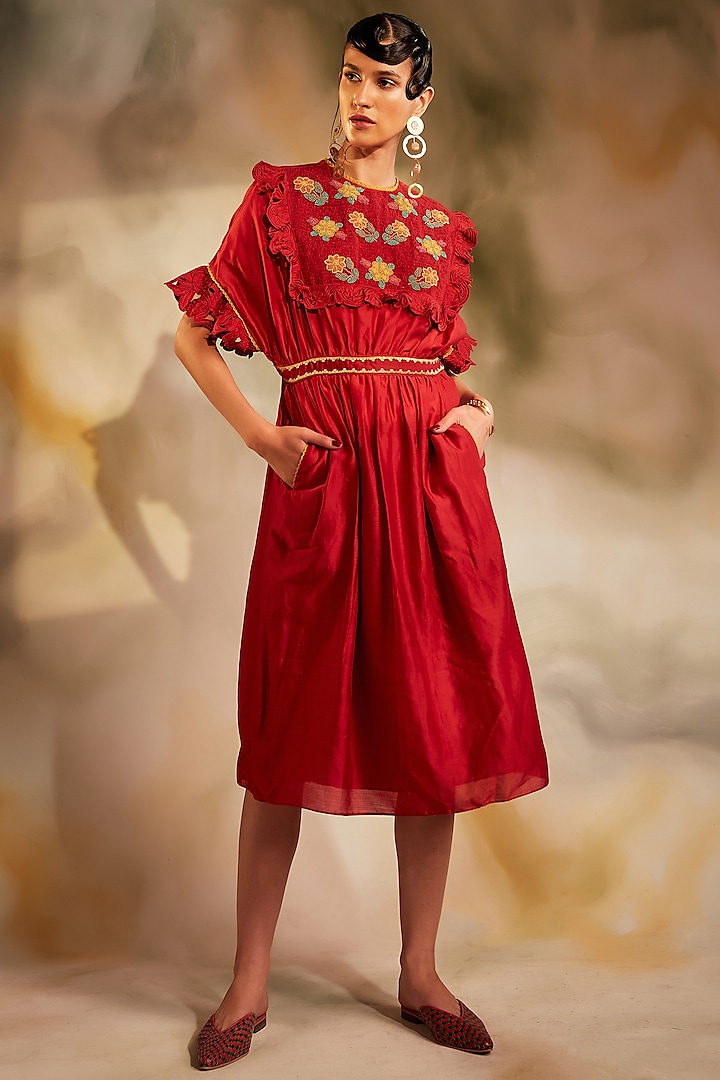 Red Chanderi Smocked Dress by Chandrima