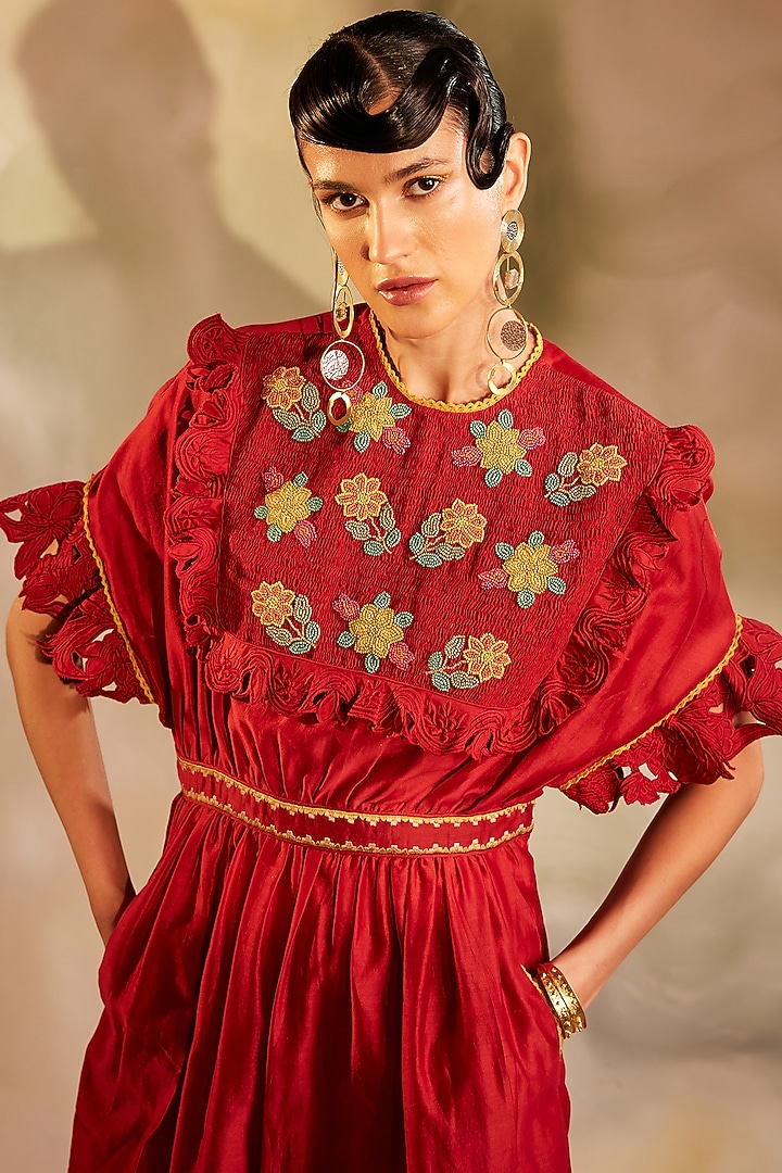 Red Chanderi Smocked Vacation Dress by Chandrima at Pernia's Pop Up Shop