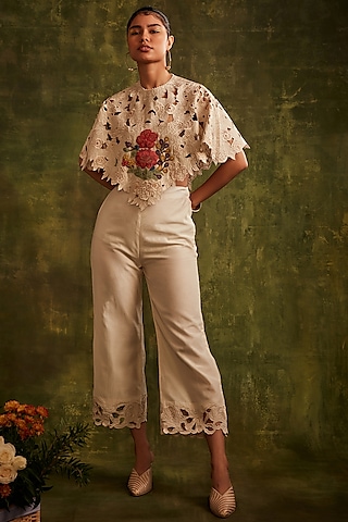 Ivory Chanderi Embroidered Poncho Top by Chandrima