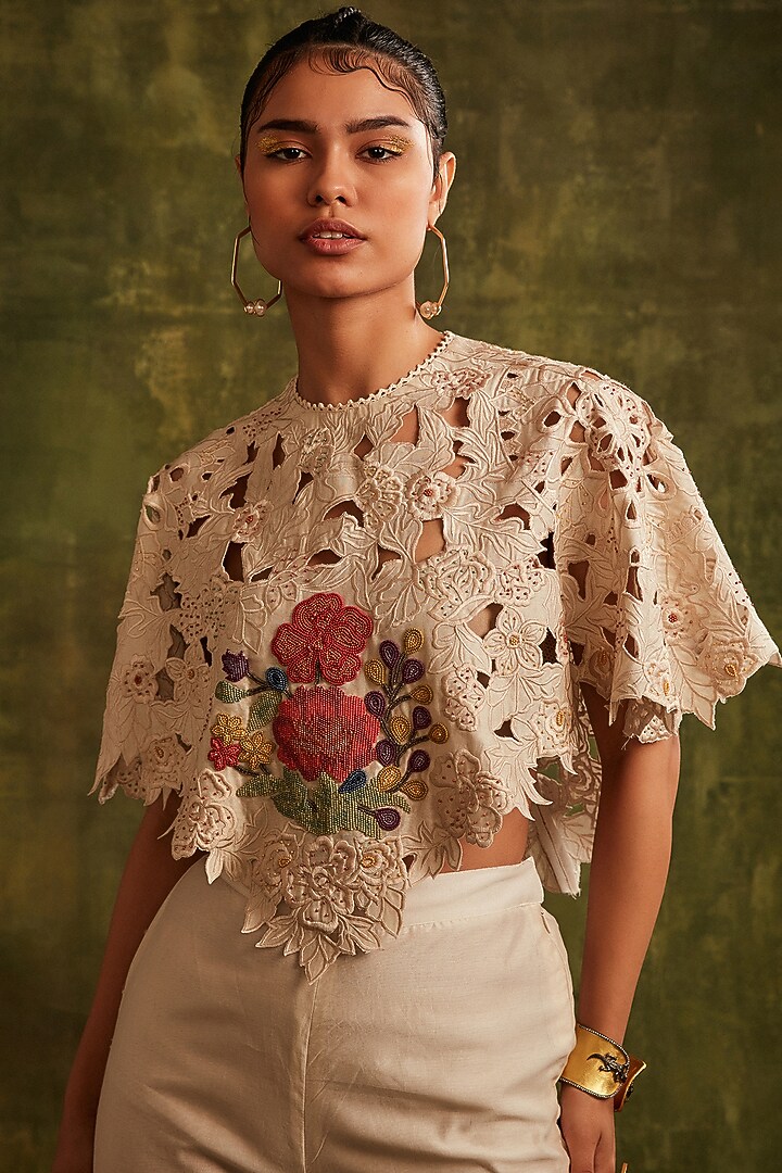 Ivory Chanderi Embroidered Poncho Top by Chandrima at Pernia's Pop Up Shop