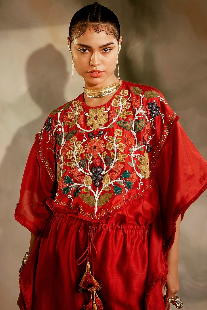 Red Chanderi Embroidered Kaftan by Chandrima at Pernia's Pop Up Shop