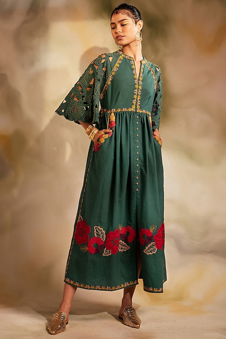 Emerald Green Embroidered Midi Dress by Chandrima