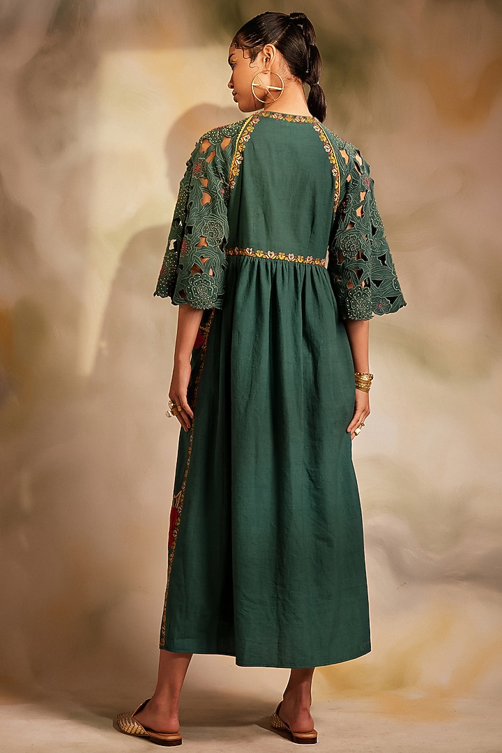 Emerald Green Embroidered Midi Cocktail Dress by Chandrima at Pernia's Pop Up Shop