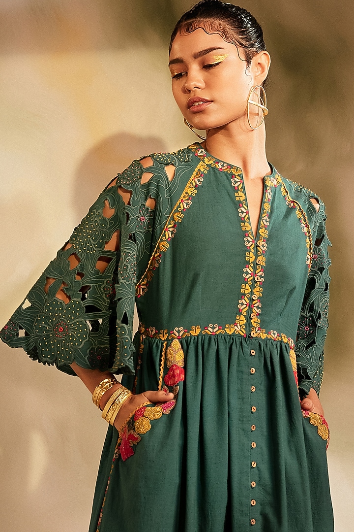 Emerald Green Embroidered Midi Cocktail Dress by Chandrima at Pernia's Pop Up Shop