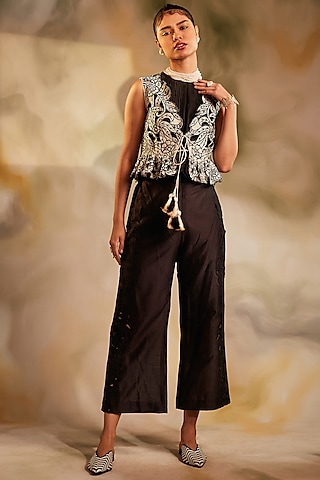 Black Chanderi Embroidered Pants by Chandrima