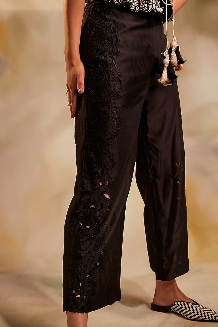 Black Chanderi Embroidered Pants by Chandrima at Pernia's Pop Up Shop
