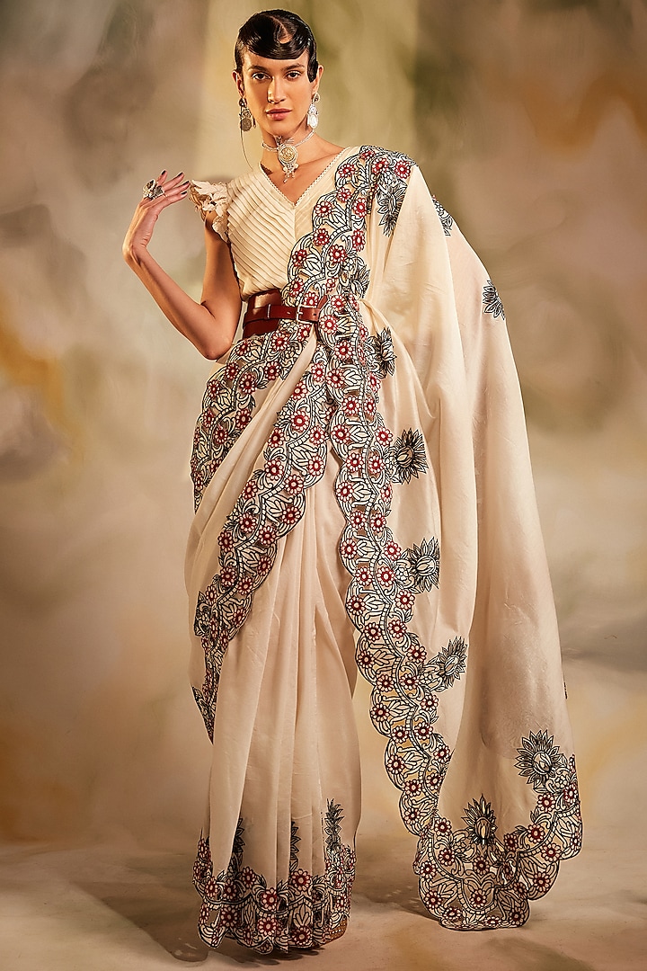 Ivory & Black Chanderi Embroidered Saree by Chandrima at Pernia's Pop Up Shop