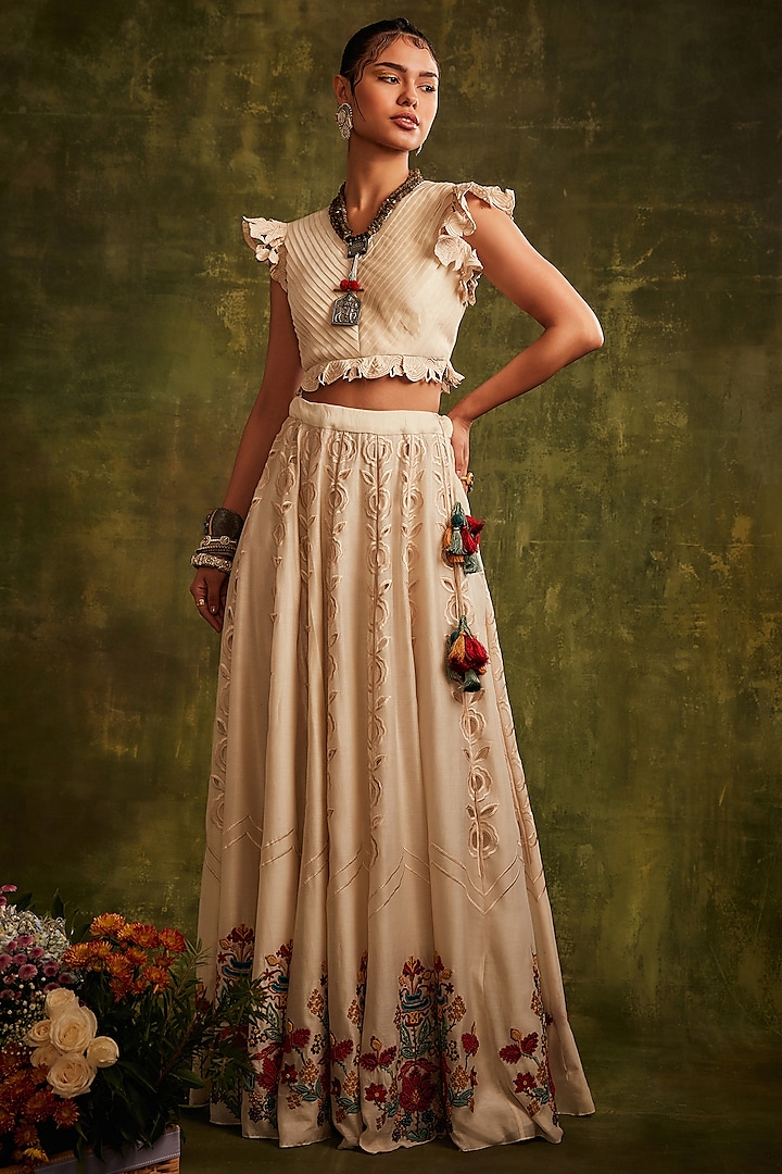 Ivory Chanderi Embroidered Pleated Top by Chandrima