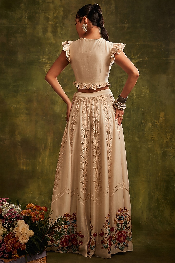 Ivory Chanderi Embroidered Pleated Top by Chandrima at Pernia's Pop Up Shop