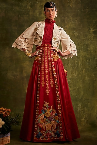 Ivory Chanderi Embroidered Jacket by Chandrima