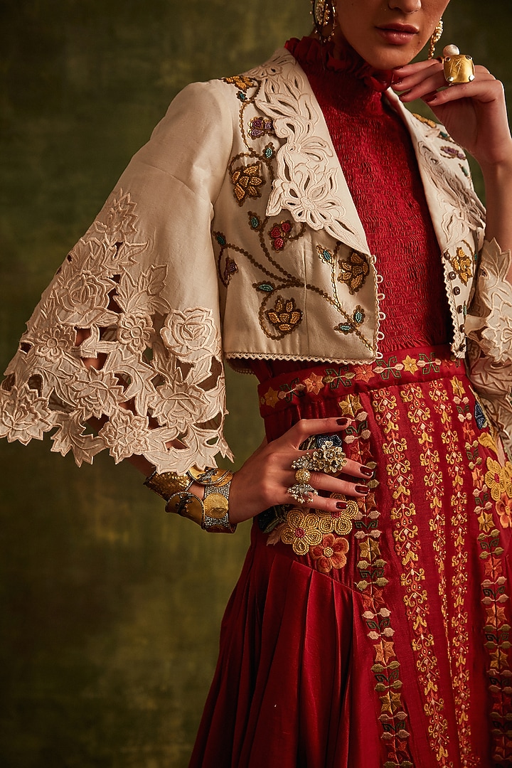 Ivory Chanderi Embroidered Jacket by Chandrima at Pernia's Pop Up Shop
