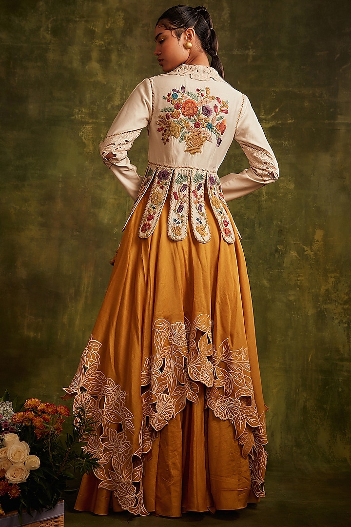 Yellow Chanderi Cutwoork Embroidered Layered Wedding Lehenga by Chandrima at Pernia's Pop Up Shop