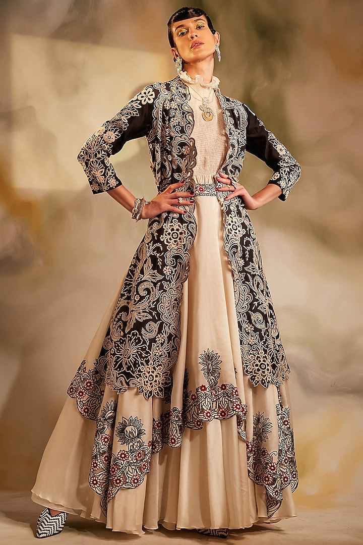 Ivory & Black Chanderi Embroidered Wedding Lehenga by Chandrima at Pernia's Pop Up Shop