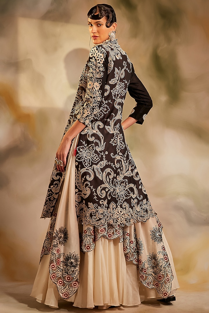 Ivory & Black Chanderi Embroidered Wedding Lehenga by Chandrima at Pernia's Pop Up Shop