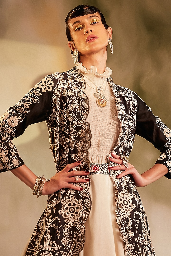 Ivory & Black Chanderi Embroidered Wedding Lehenga by Chandrima at Pernia's Pop Up Shop